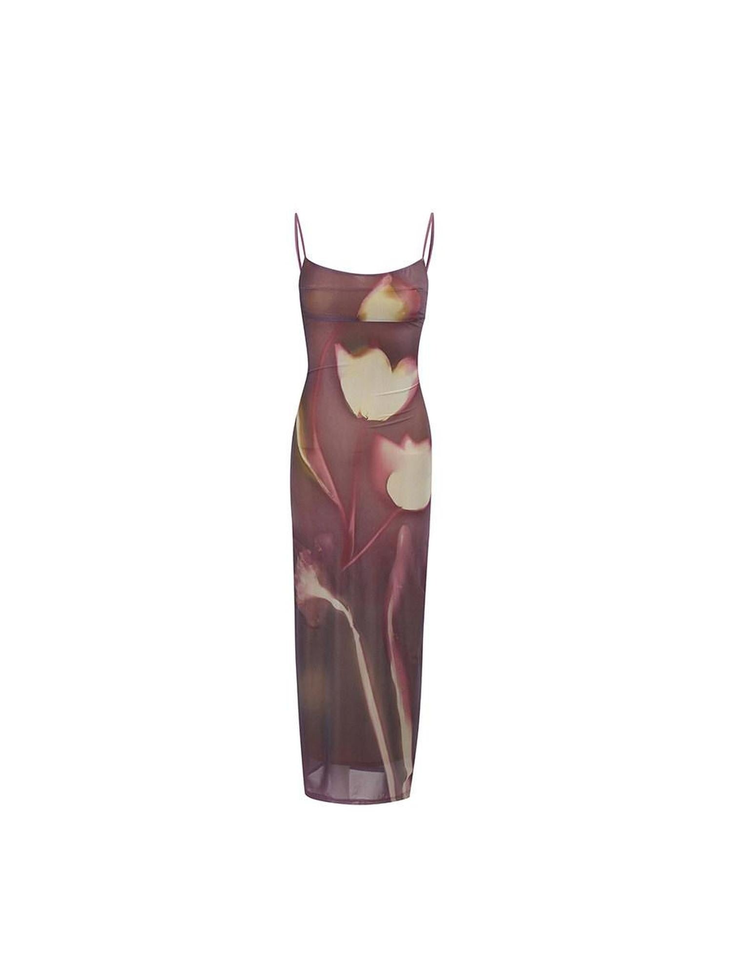 DeleteEx Flirty Spaghetti Strap Slim Fit Party Purple Floral Maxi Dresses