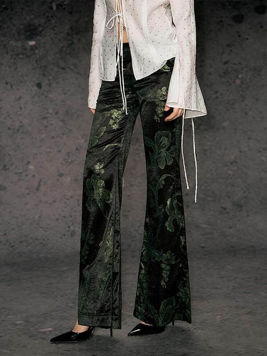DeleteEx High Waist Wide Leg Polyester Stretch Casual Black Army Green Print Flared Pants