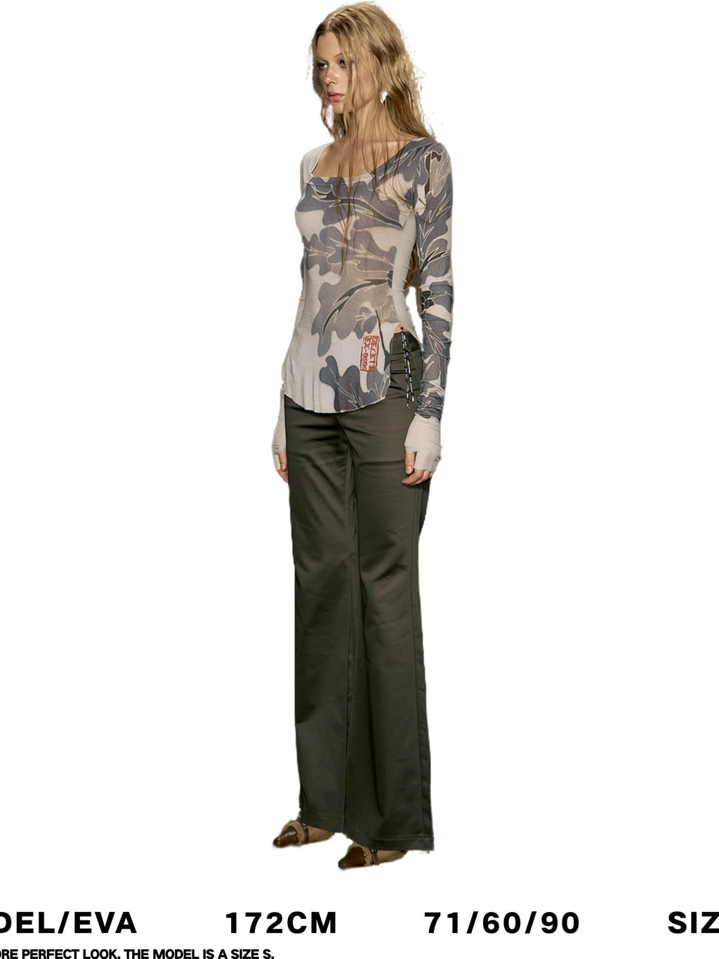 DeleteEx High Waist Wide Leg Polyester Stretch Casual Black Army Green Print Flared Pants