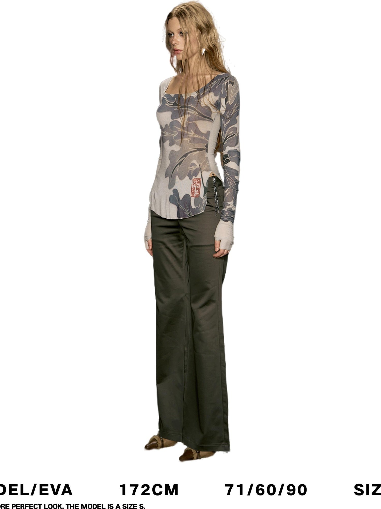 DeleteEx High Waist Wide Leg Polyester Stretch Casual Black Army Green Print Flared Pants