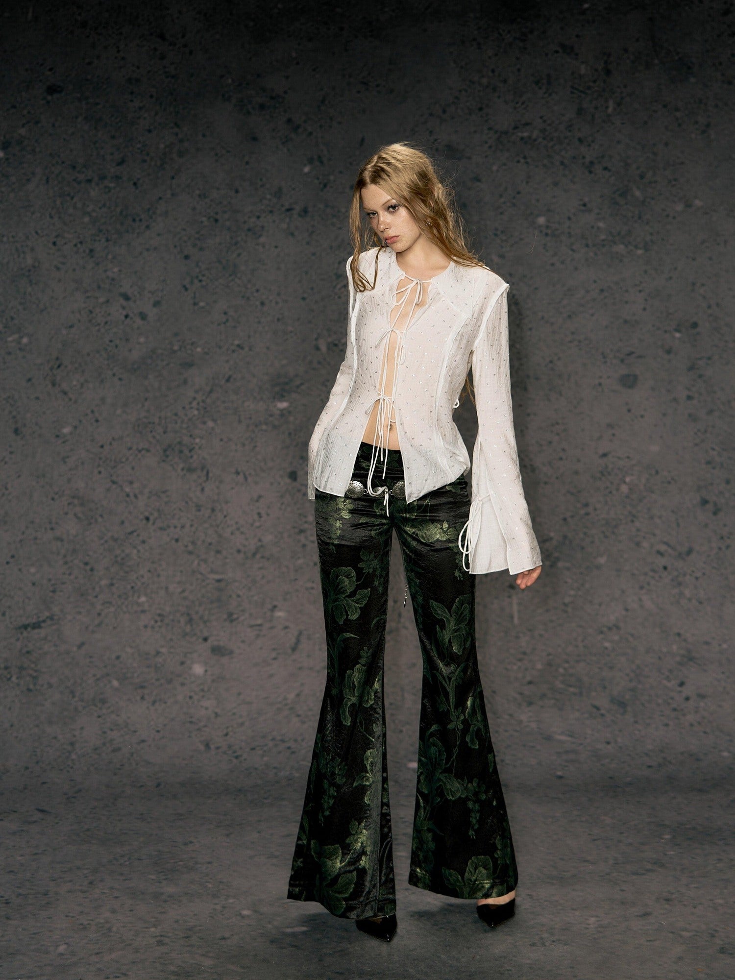 DeleteEx High Waist Wide Leg Polyester Stretch Casual Black Army Green Print Flared Pants