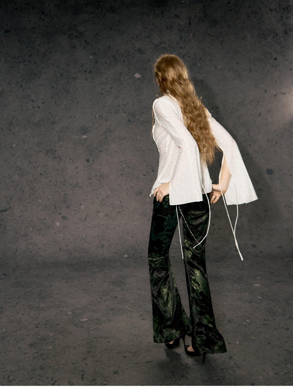 DeleteEx High Waist Wide Leg Polyester Stretch Casual Black Army Green Print Flared Pants