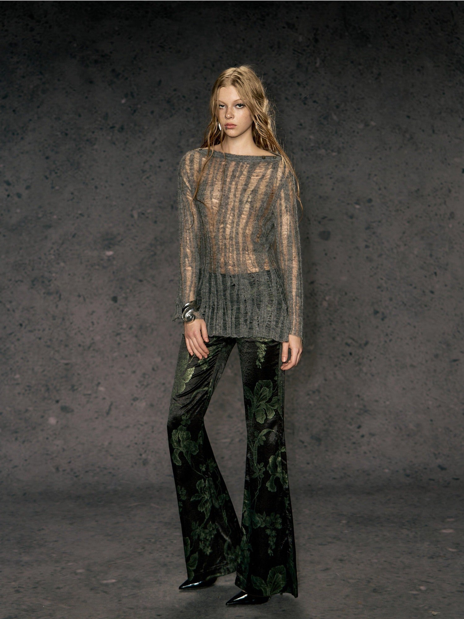 DeleteEx High Waist Wide Leg Polyester Stretch Casual Black Army Green Print Flared Pants