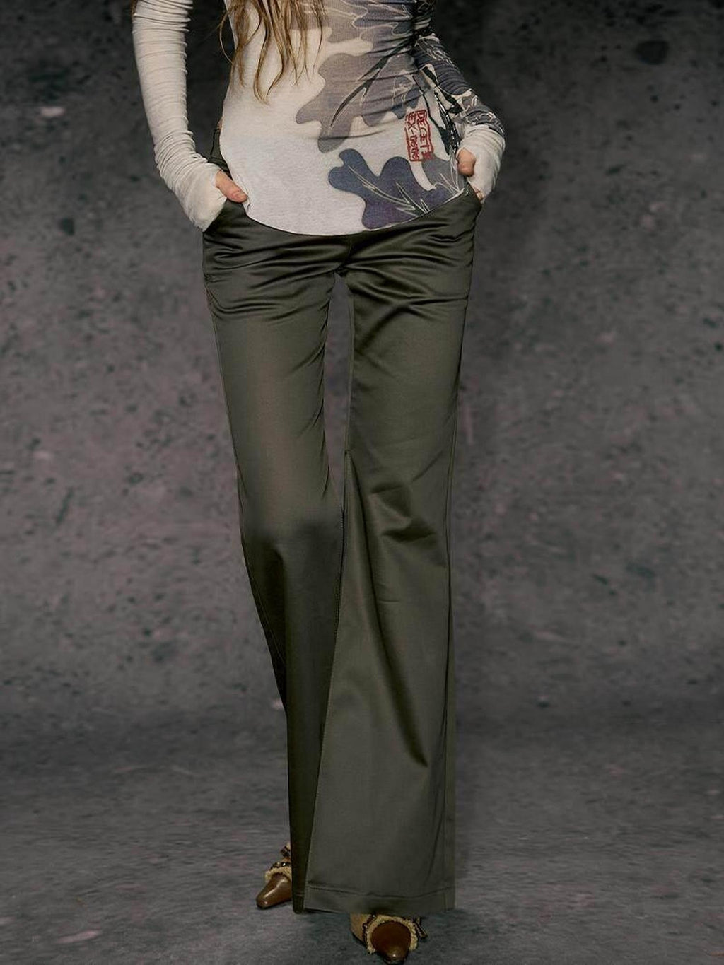 DeleteEx High Waist Wide Leg Polyester Stretch Casual Black Army Green Print Flared Pants