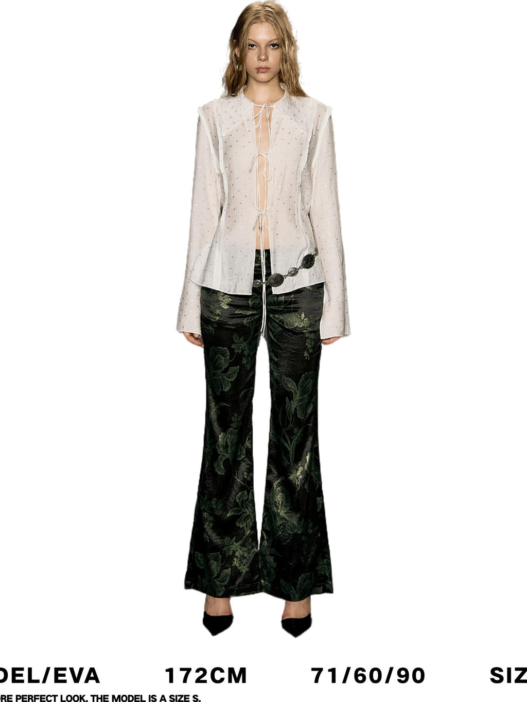 DeleteEx High Waist Wide Leg Polyester Stretch Casual Black Army Green Print Flared Pants