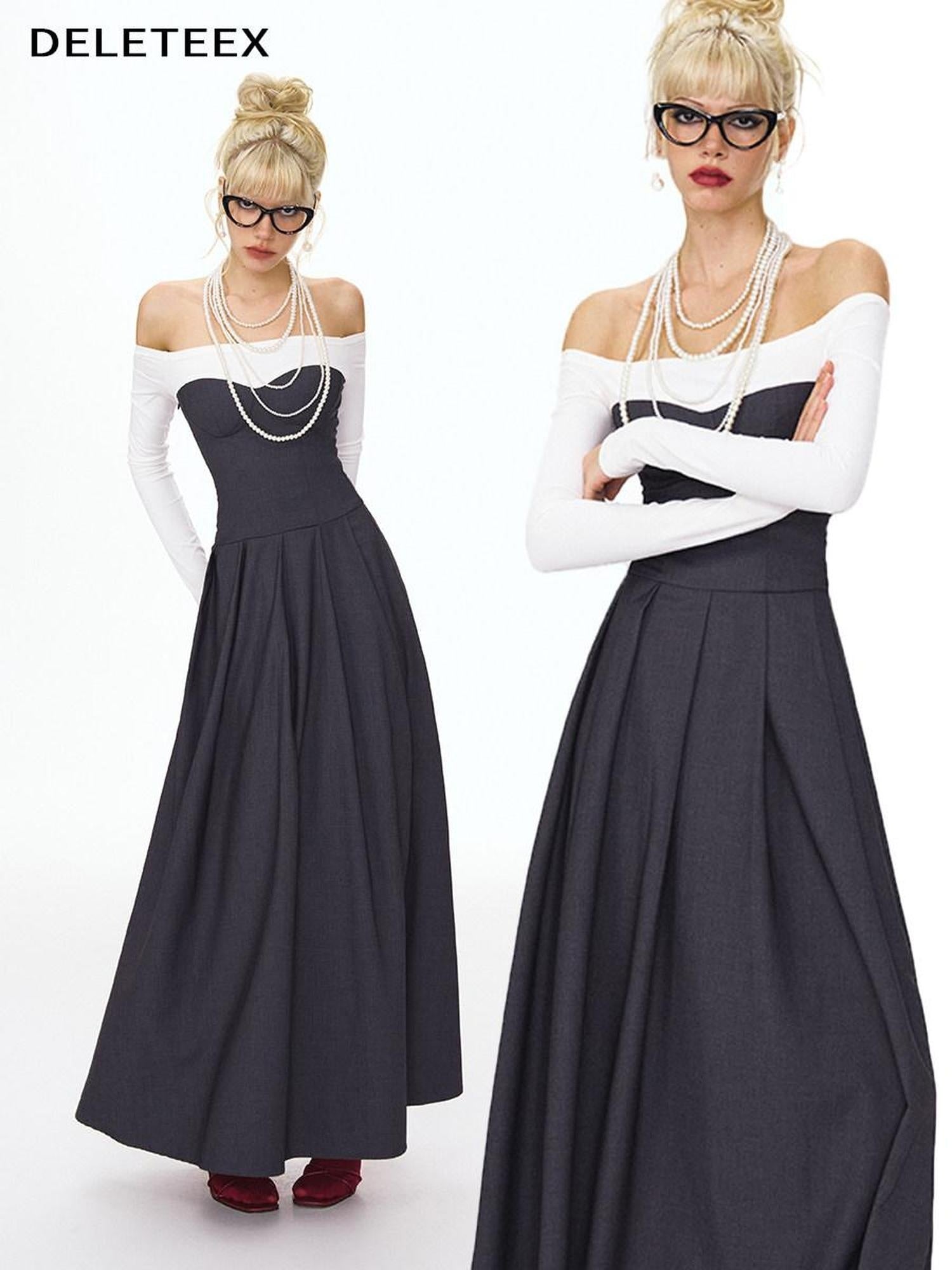 DeleteEx Light Polyester Blend Gray White Colorblock Tie Waist Maxi Dresses