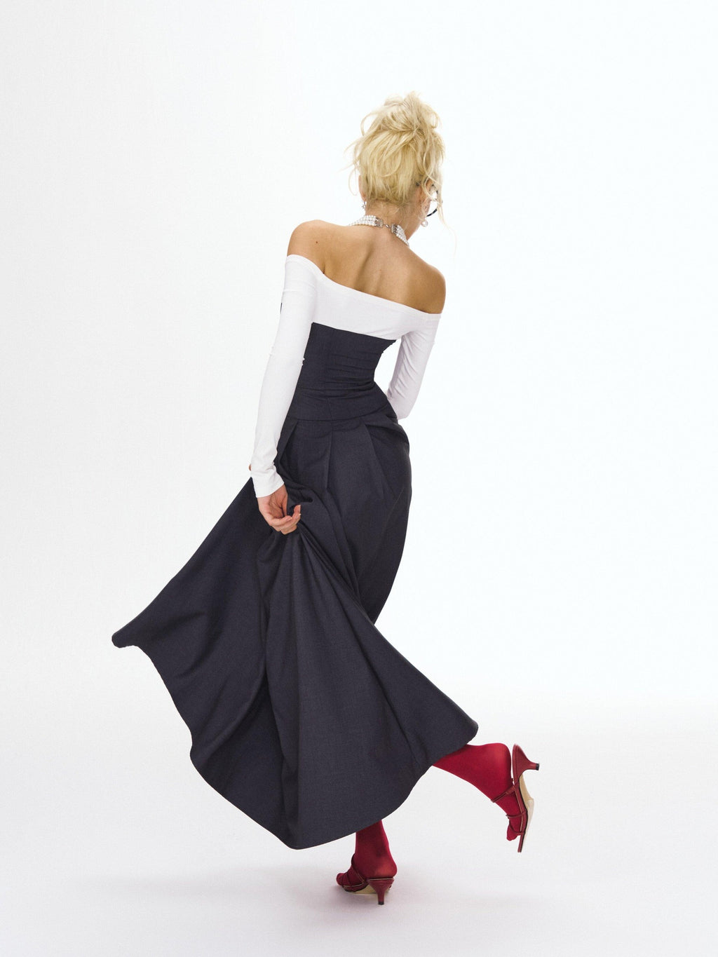 DeleteEx Light Polyester Blend Gray White Colorblock Tie Waist Maxi Dresses