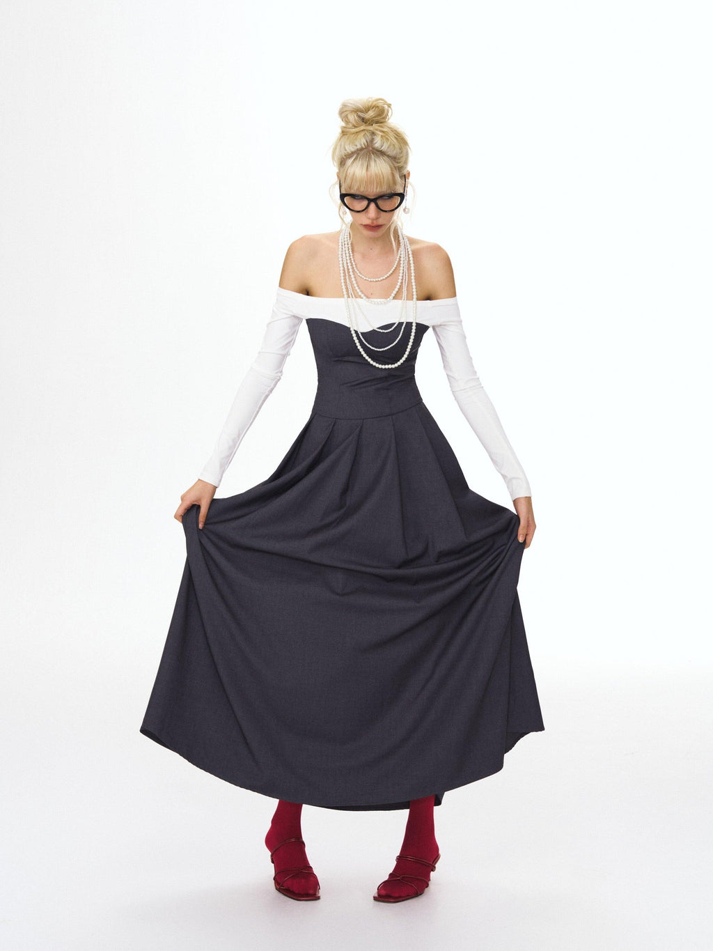 DeleteEx Light Polyester Blend Gray White Colorblock Tie Waist Maxi Dresses