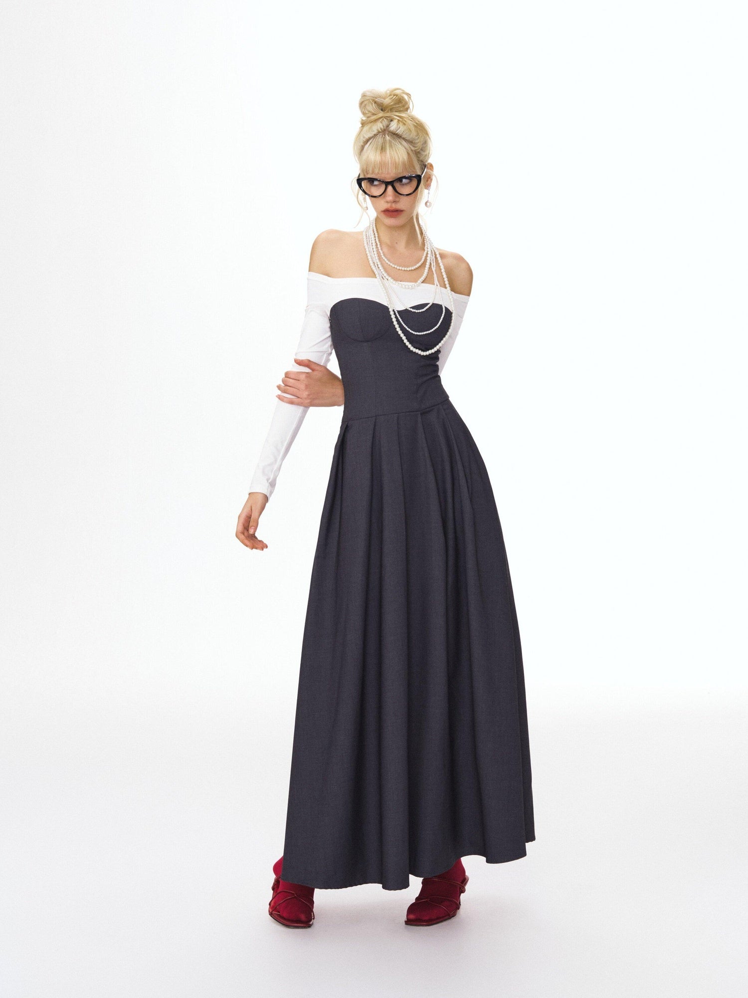 DeleteEx Light Polyester Blend Gray White Colorblock Tie Waist Maxi Dresses