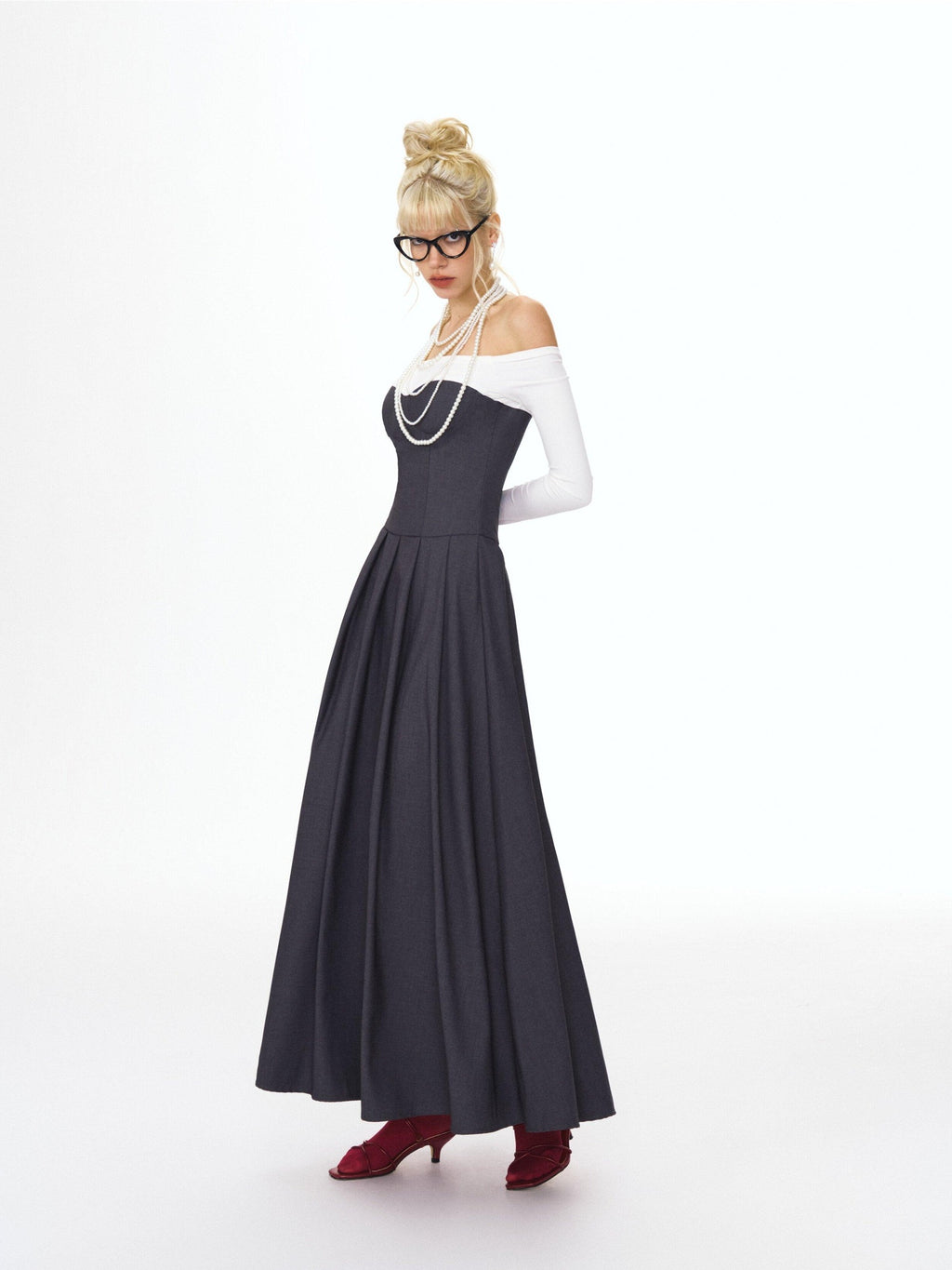 DeleteEx Light Polyester Blend Gray White Colorblock Tie Waist Maxi Dresses