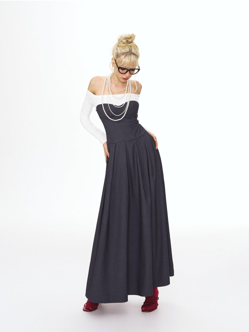 DeleteEx Light Polyester Blend Gray White Colorblock Tie Waist Maxi Dresses