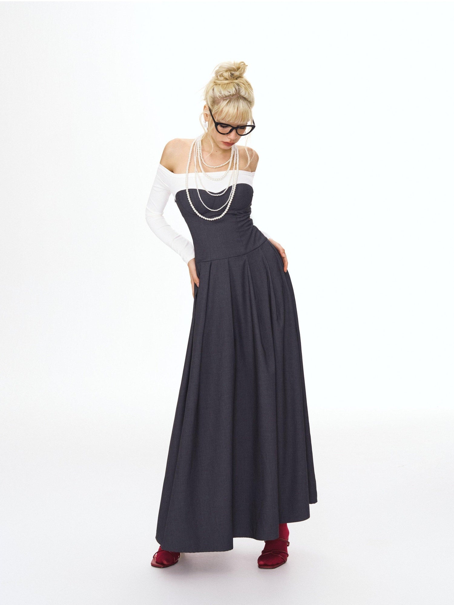 DeleteEx Light Polyester Blend Gray White Colorblock Tie Waist Maxi Dresses