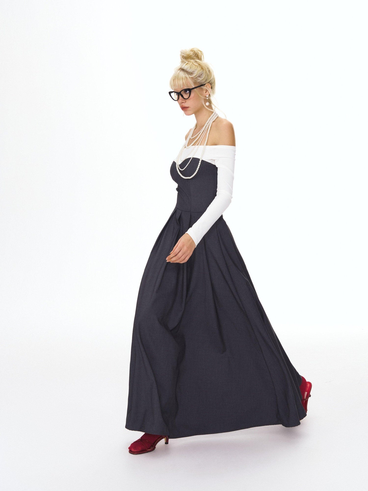DeleteEx Light Polyester Blend Gray White Colorblock Tie Waist Maxi Dresses