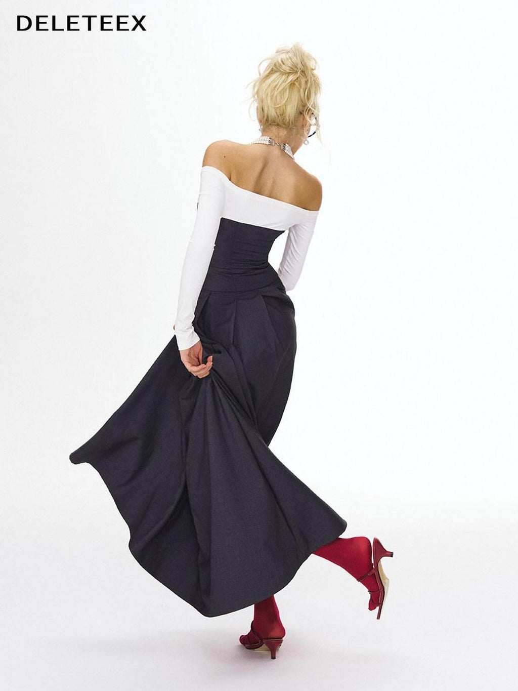 DeleteEx Light Polyester Blend Gray White Colorblock Tie Waist Maxi Dresses