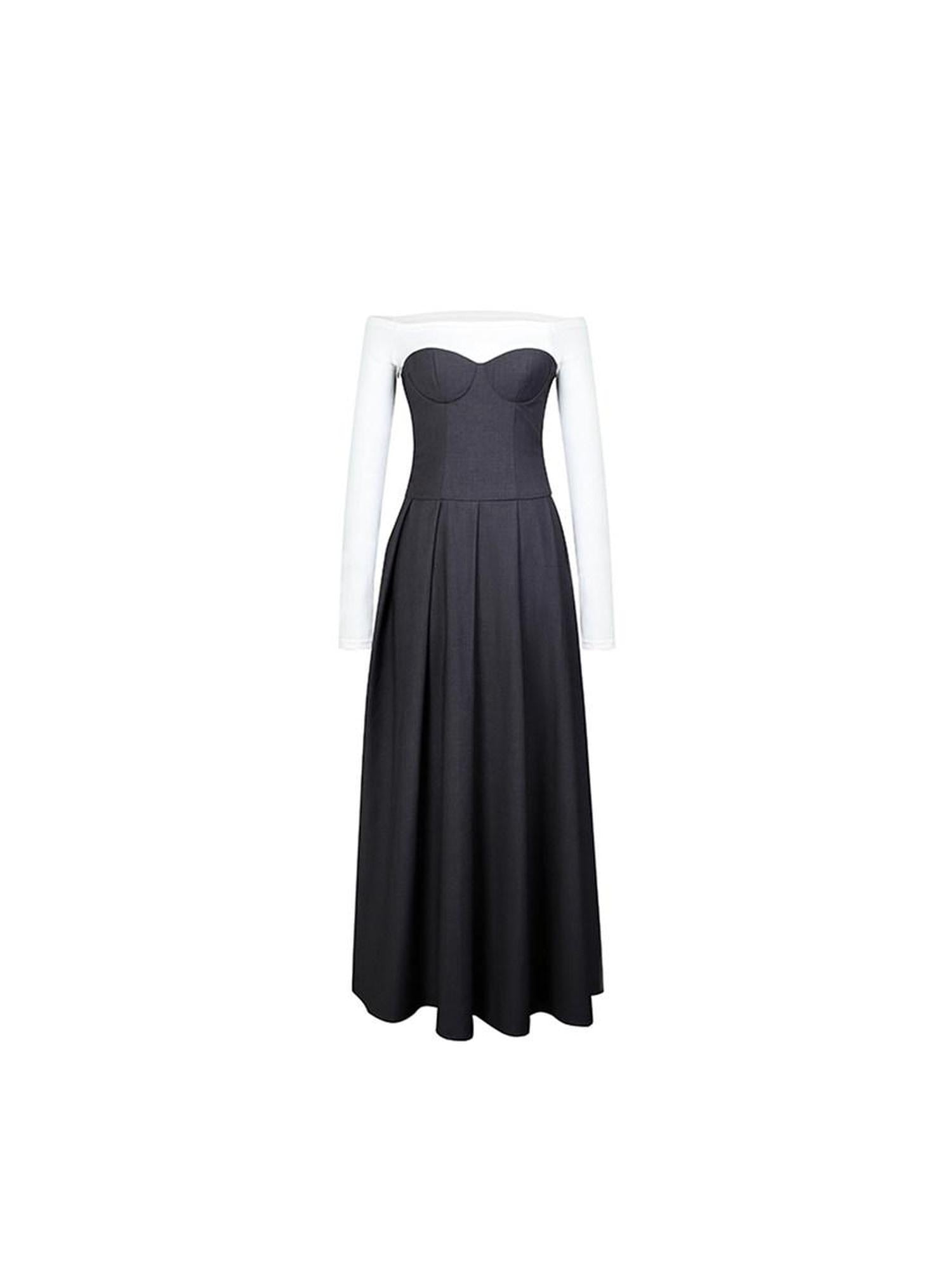 DeleteEx Light Polyester Blend Gray White Colorblock Tie Waist Maxi Dresses