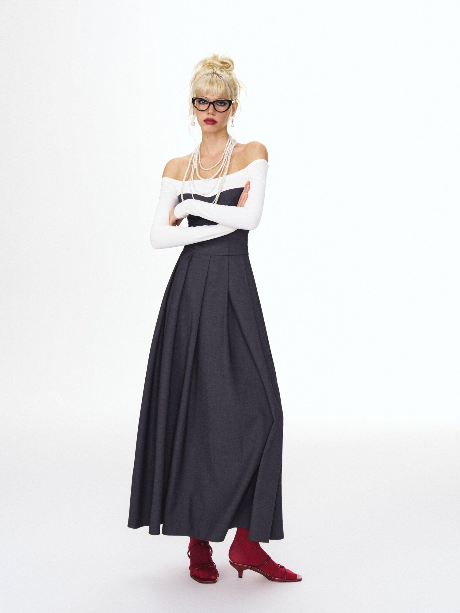 DeleteEx Light Polyester Blend Gray White Colorblock Tie Waist Maxi Dresses