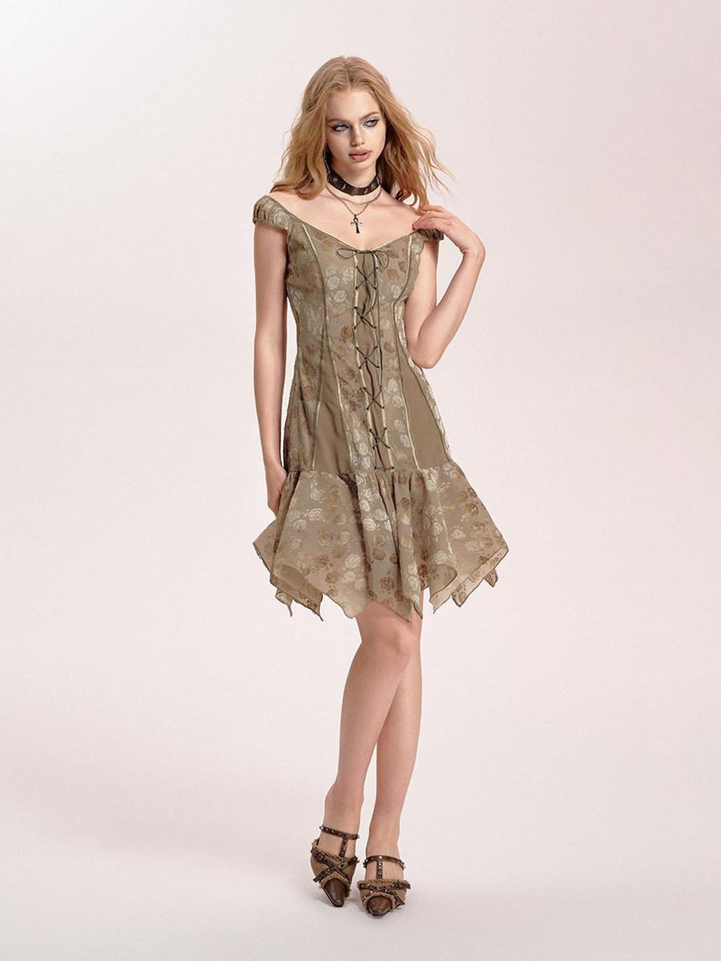 DeleteEx Lightweight 100% Polyester A Line Women Party Muted Olive Mini Dresses