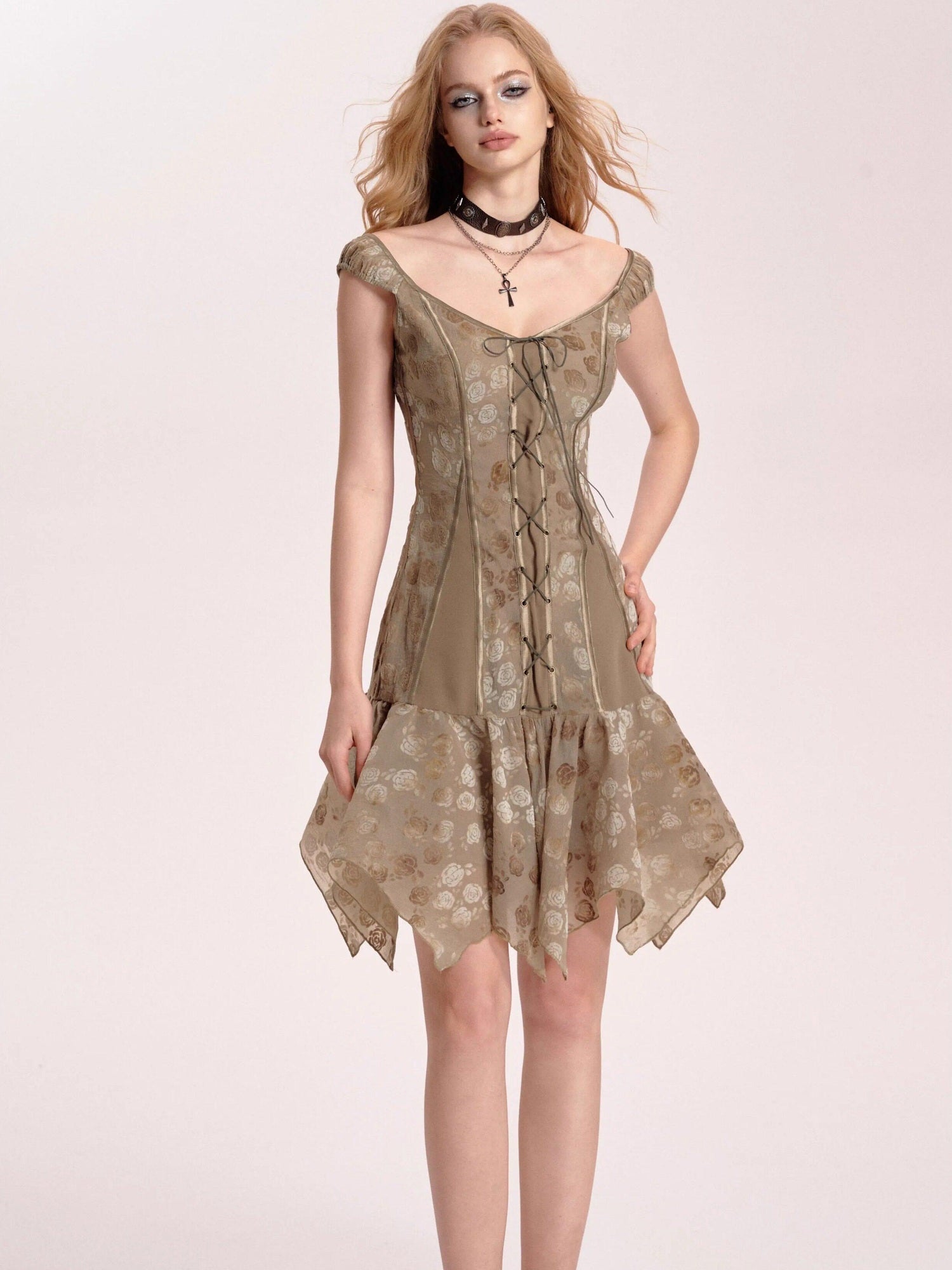 DeleteEx Lightweight 100% Polyester A Line Women Party Muted Olive Mini Dresses