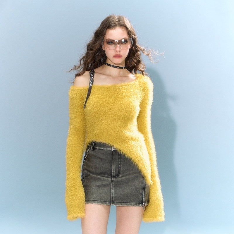 DeleteEx_Lightweight_Pure_Nylon_Side_Slit_Pullover_Women_Knitwear_Yellow_Brown_Sweaters_MISSTT