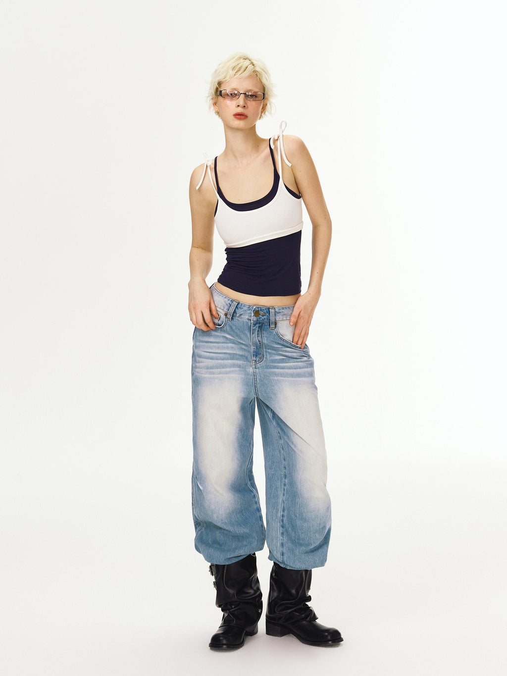 DeleteEx Natural Waist Slight Stretch Casual Relaxed Light Blue Denim Wide Leg Jeans