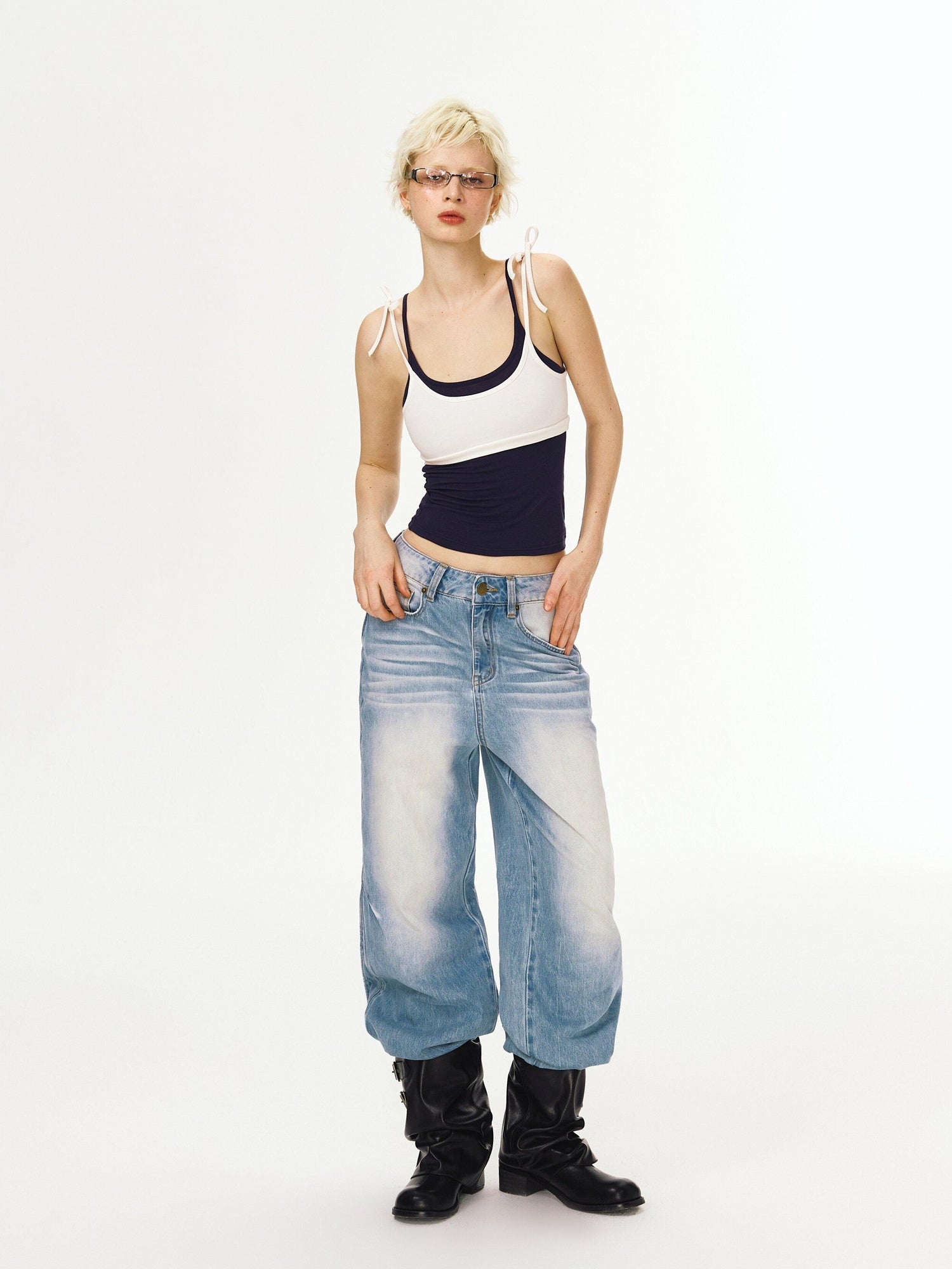 DeleteEx Natural Waist Slight Stretch Casual Relaxed Light Blue Denim Wide Leg Jeans