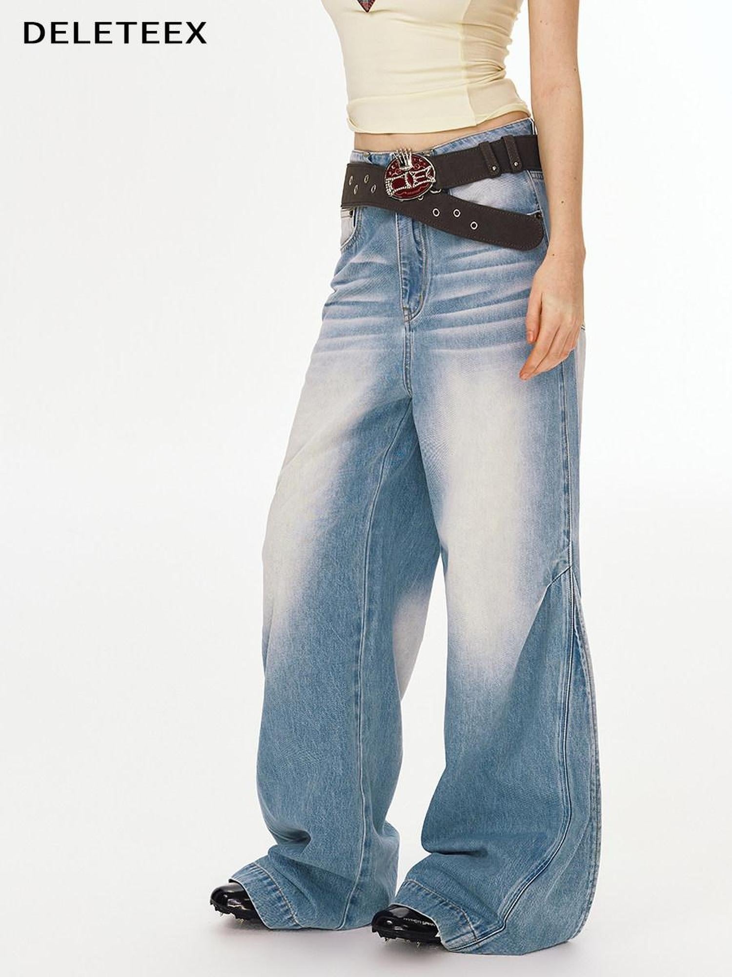 DeleteEx Natural Waist Slight Stretch Casual Relaxed Light Blue Denim Wide Leg Jeans