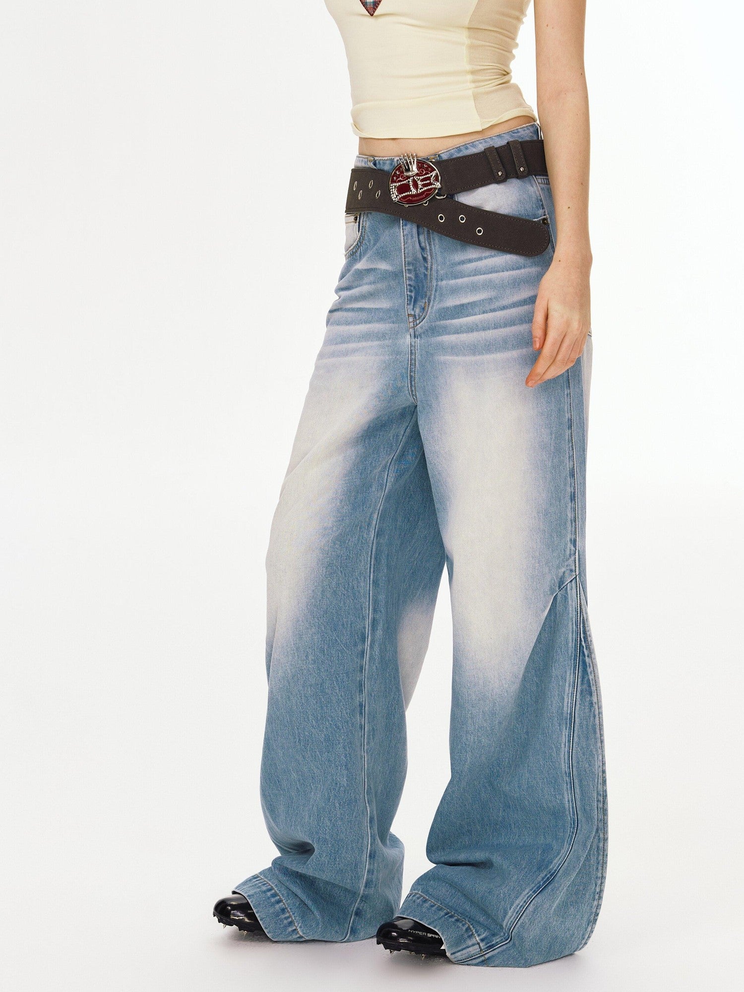 DeleteEx Natural Waist Slight Stretch Casual Relaxed Light Blue Denim Wide Leg Jeans
