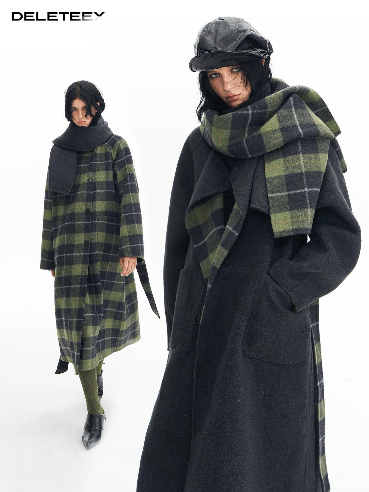 DeleteEx Premium Wool Blend Commuter Straight Cut Notch Lapel Plaid Grey Green Wool Coats