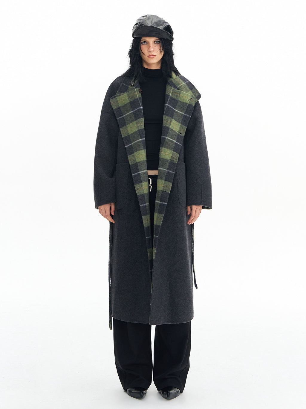 DeleteEx Premium Wool Blend Commuter Straight Cut Notch Lapel Plaid Grey Green Wool Coats