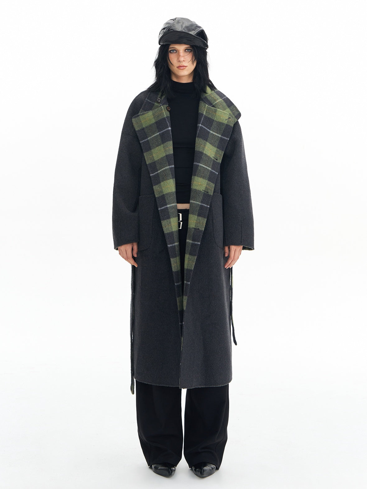 DeleteEx Premium Wool Blend Commuter Straight Cut Notch Lapel Plaid Grey Green Wool Coats