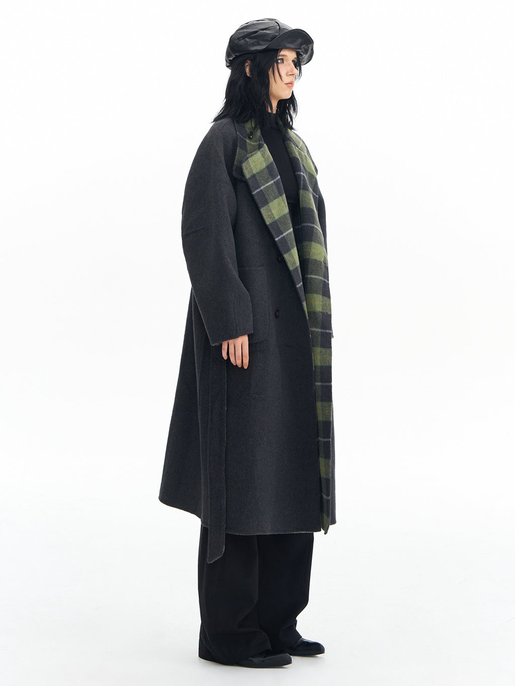 DeleteEx Premium Wool Blend Commuter Straight Cut Notch Lapel Plaid Grey Green Wool Coats