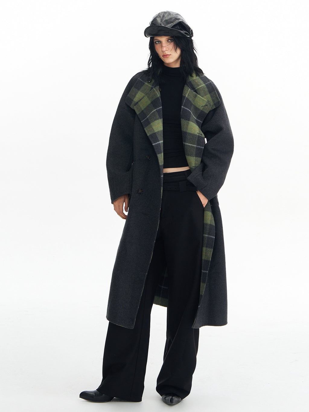 DeleteEx Premium Wool Blend Commuter Straight Cut Notch Lapel Plaid Grey Green Wool Coats