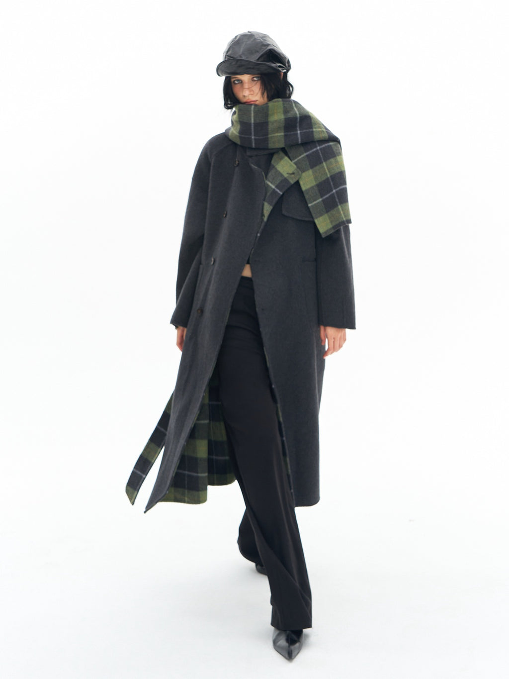 DeleteEx Premium Wool Blend Commuter Straight Cut Notch Lapel Plaid Grey Green Wool Coats