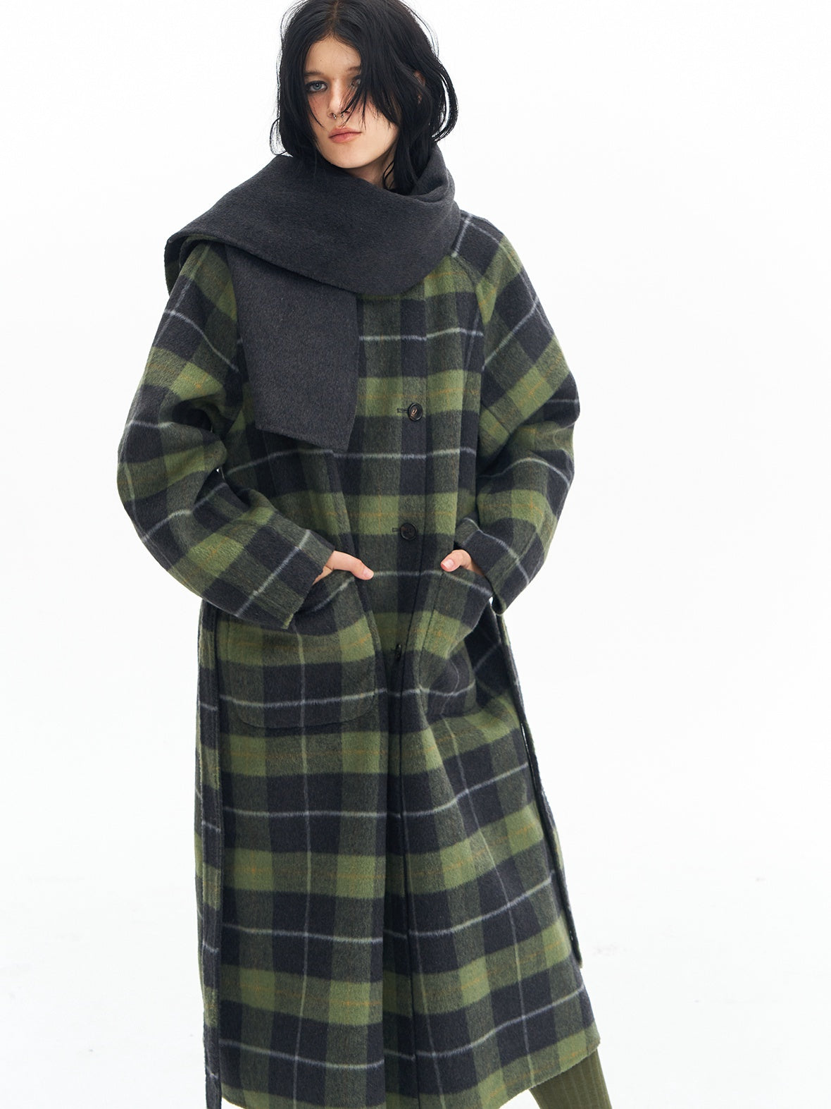 DeleteEx Premium Wool Blend Commuter Straight Cut Notch Lapel Plaid Grey Green Wool Coats