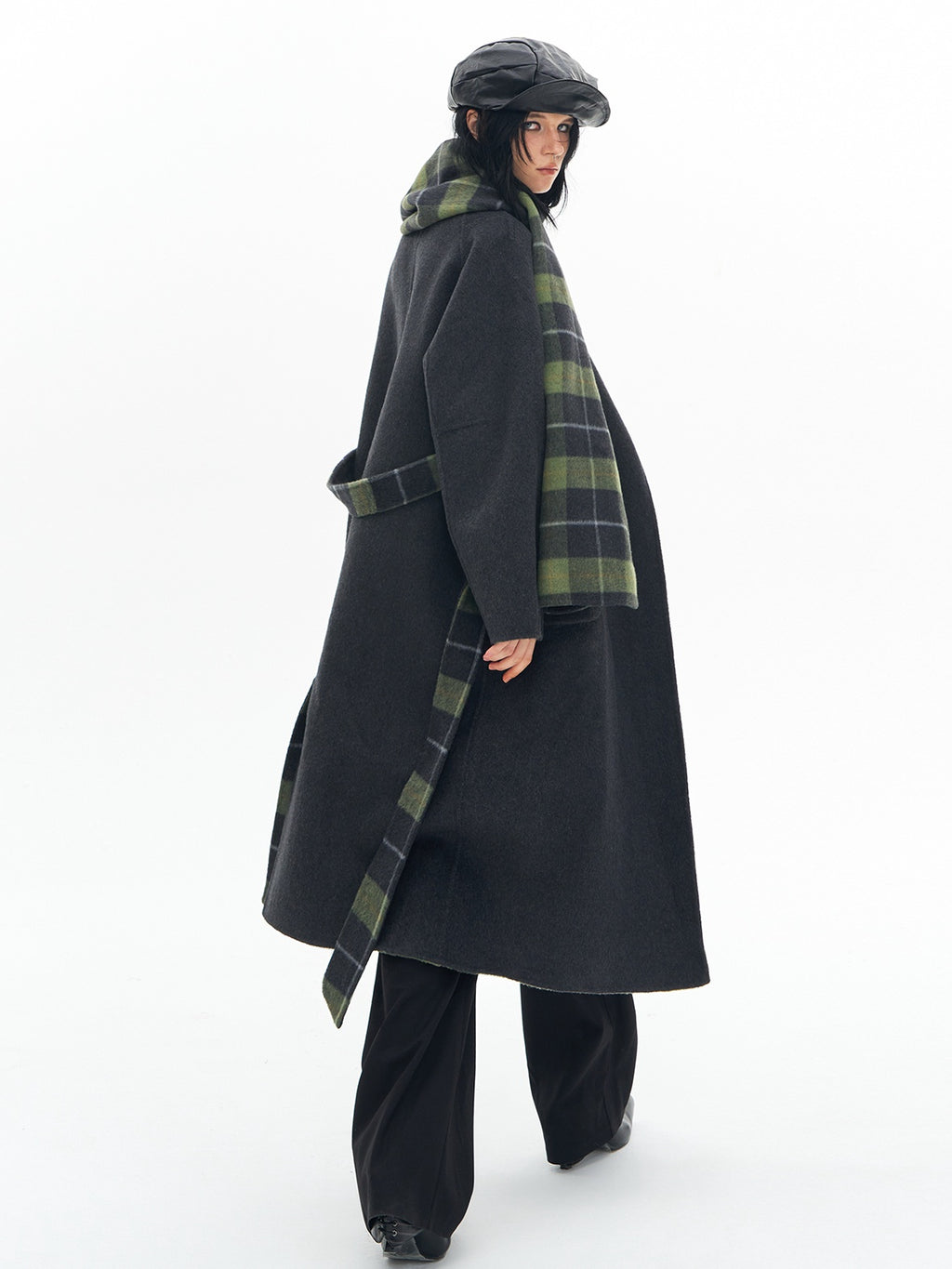 DeleteEx Premium Wool Blend Commuter Straight Cut Notch Lapel Plaid Grey Green Wool Coats