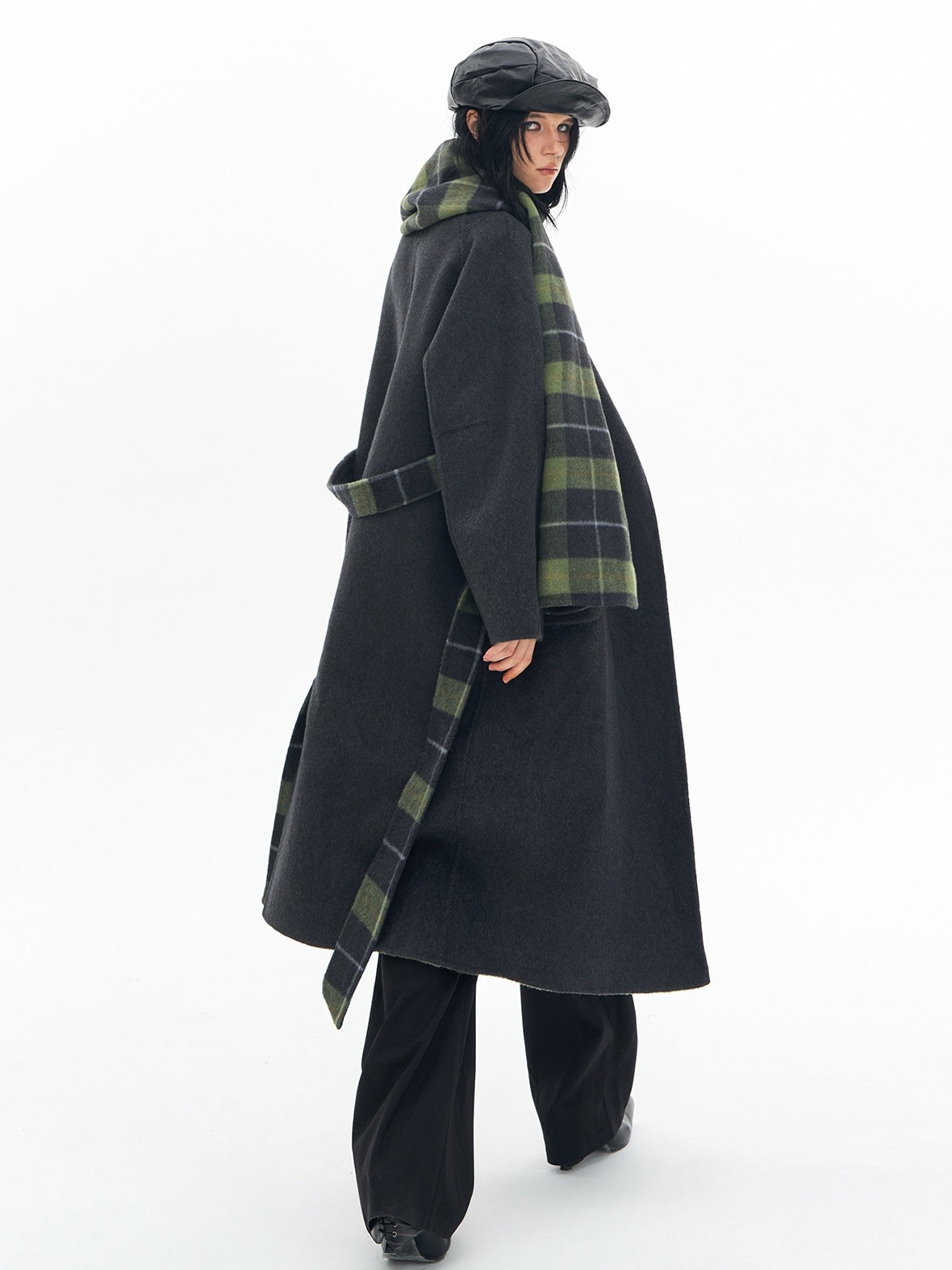 DeleteEx Premium Wool Blend Commuter Straight Cut Notch Lapel Plaid Grey Green Wool Coats