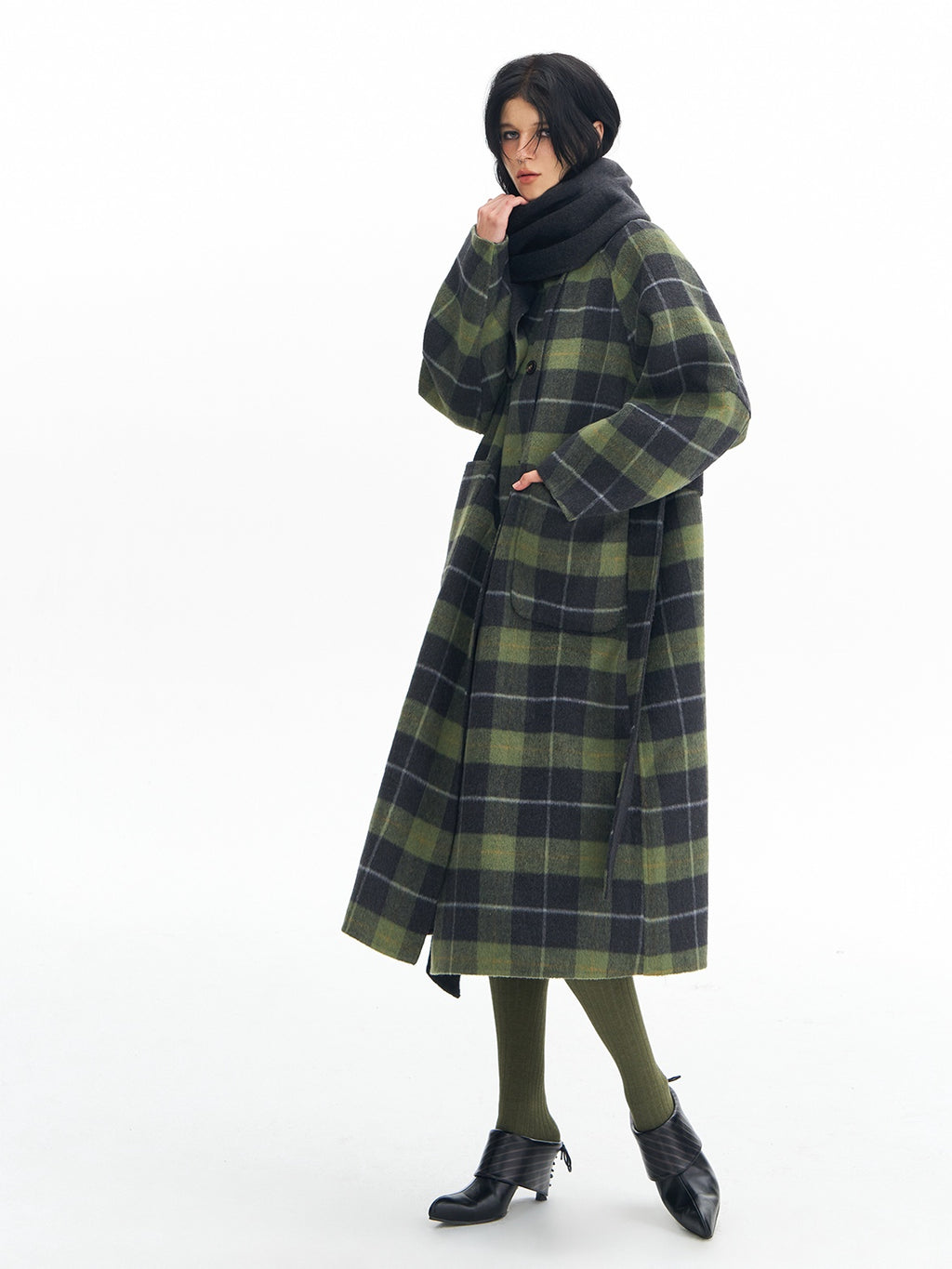 DeleteEx Premium Wool Blend Commuter Straight Cut Notch Lapel Plaid Grey Green Wool Coats