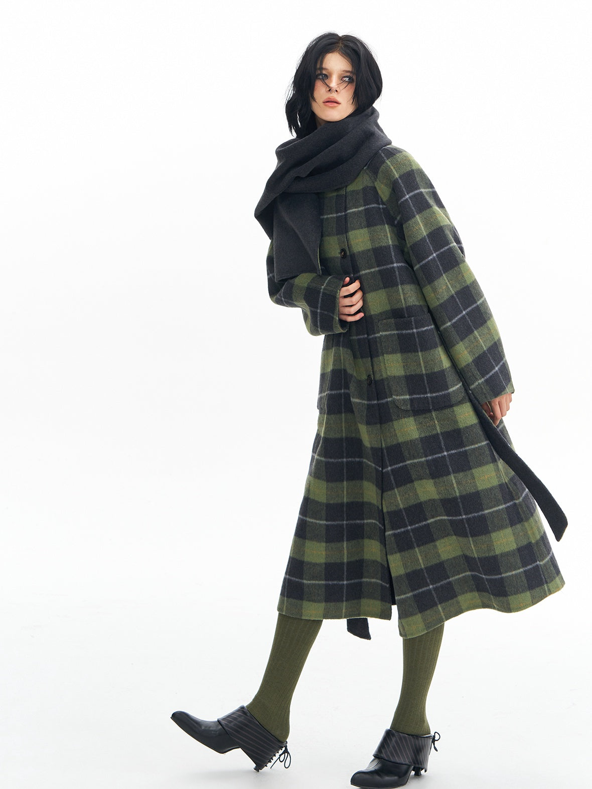 DeleteEx Premium Wool Blend Commuter Straight Cut Notch Lapel Plaid Grey Green Wool Coats