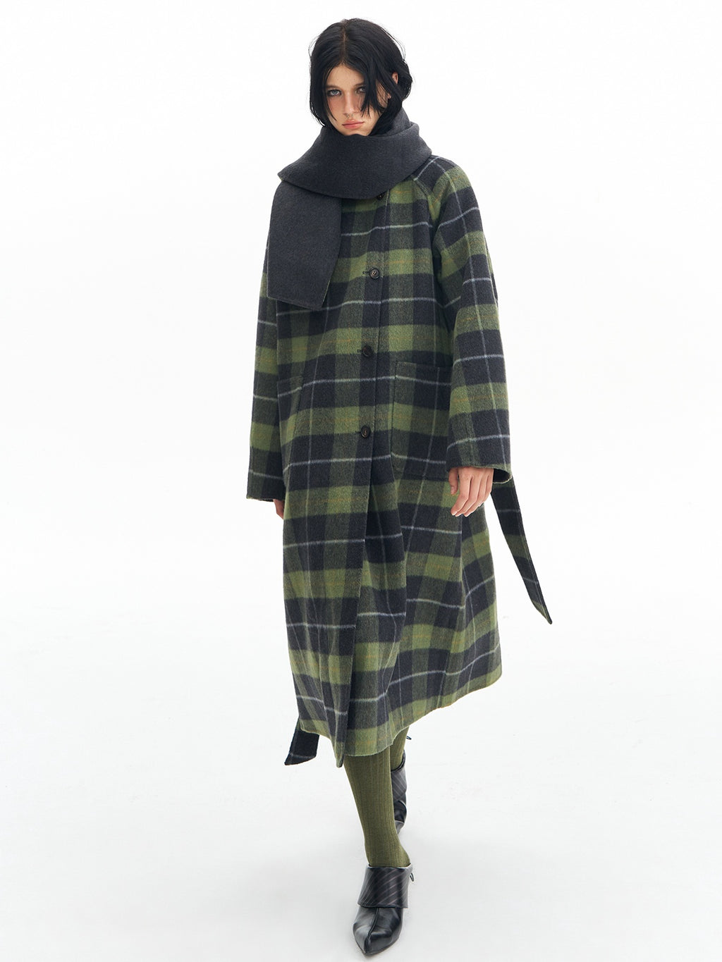 DeleteEx Premium Wool Blend Commuter Straight Cut Notch Lapel Plaid Grey Green Wool Coats