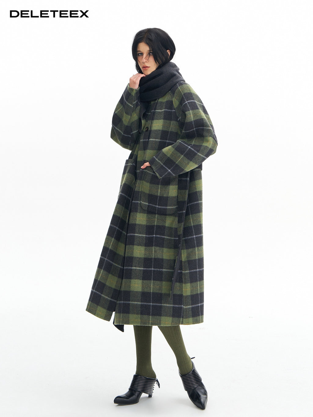 DeleteEx Premium Wool Blend Commuter Straight Cut Notch Lapel Plaid Grey Green Wool Coats