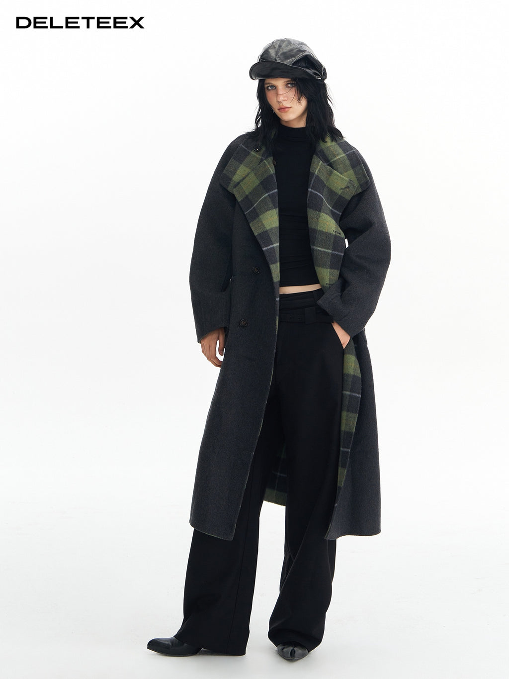 DeleteEx Premium Wool Blend Commuter Straight Cut Notch Lapel Plaid Grey Green Wool Coats