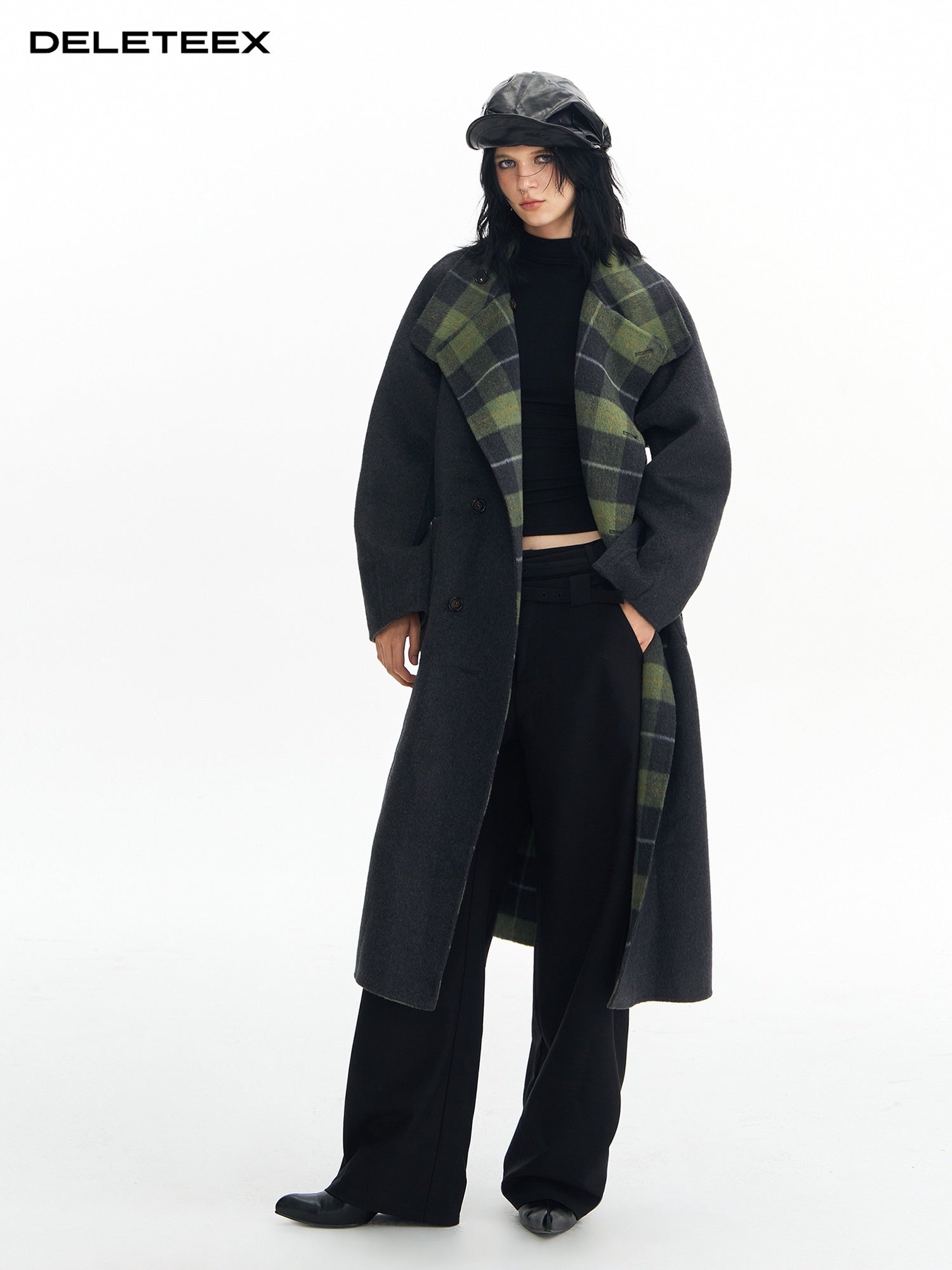 DeleteEx Premium Wool Blend Commuter Straight Cut Notch Lapel Plaid Grey Green Wool Coats