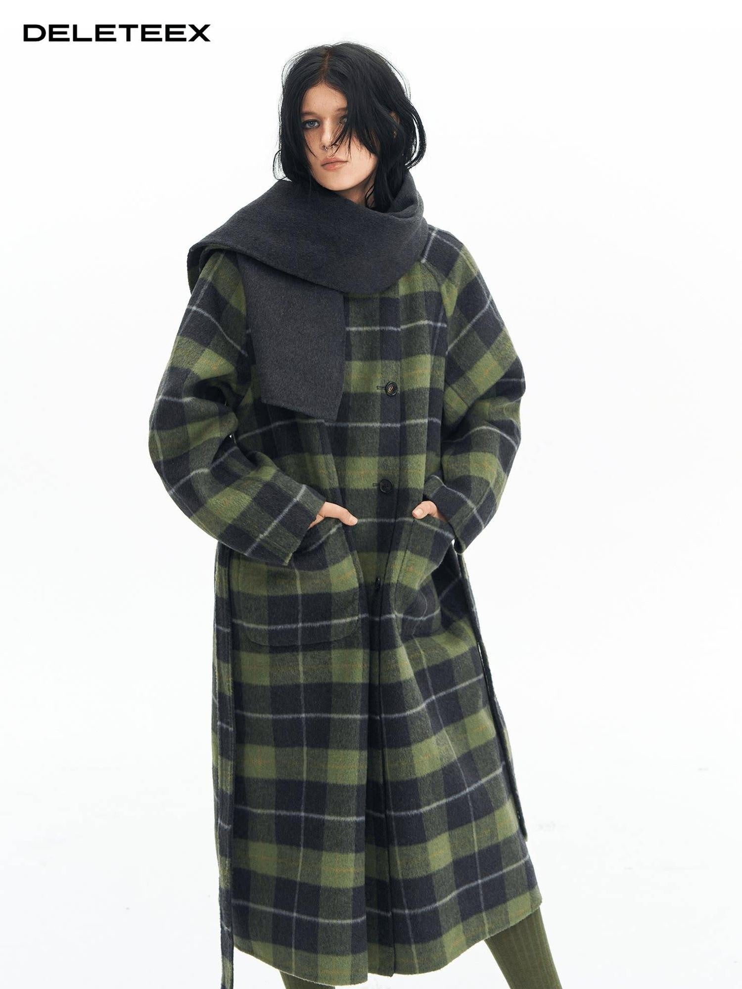 DeleteEx Premium Wool Blend Commuter Straight Cut Notch Lapel Plaid Grey Green Wool Coats