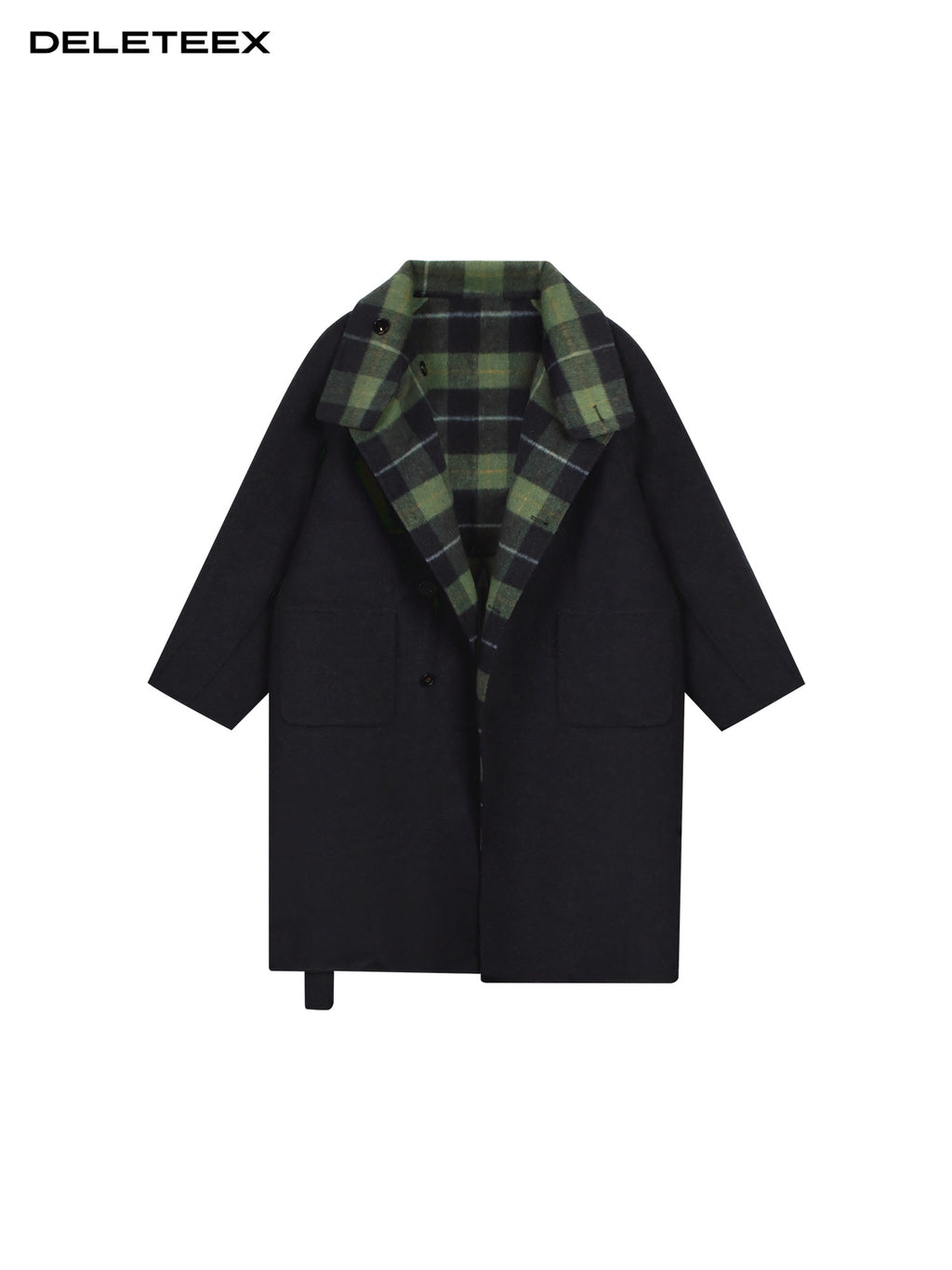 DeleteEx Premium Wool Blend Commuter Straight Cut Notch Lapel Plaid Grey Green Wool Coats