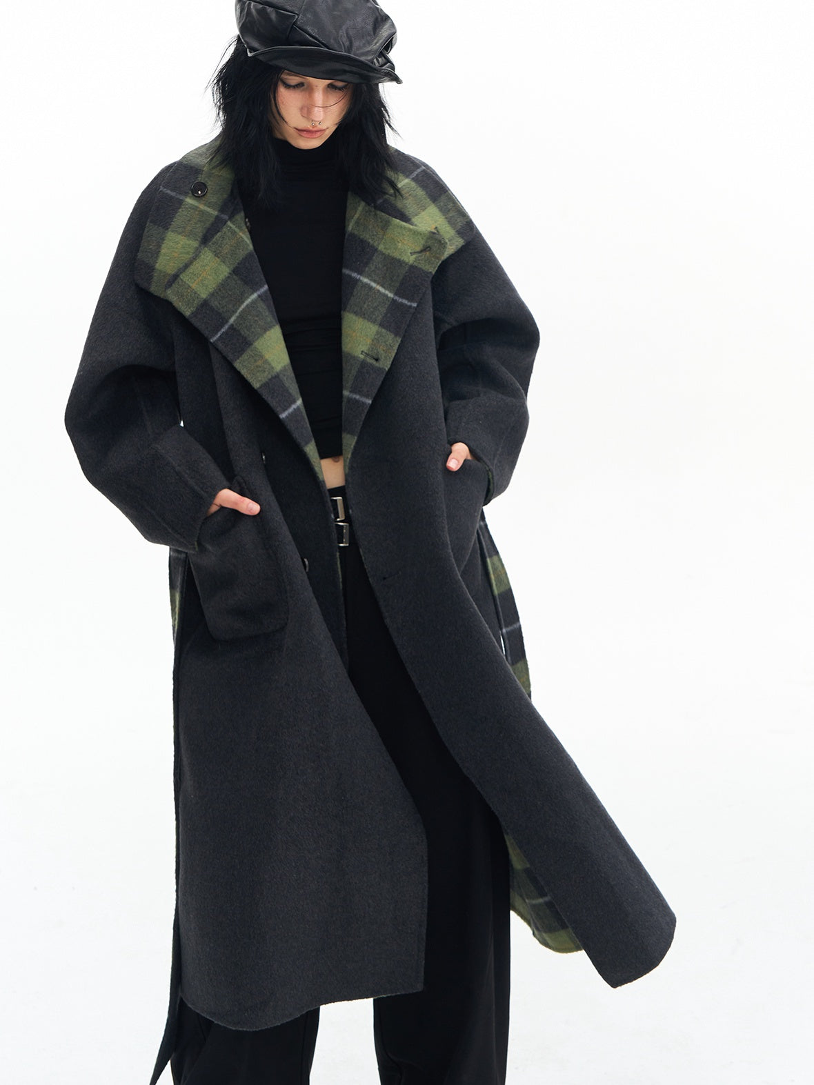 DeleteEx Premium Wool Blend Commuter Straight Cut Notch Lapel Plaid Grey Green Wool Coats