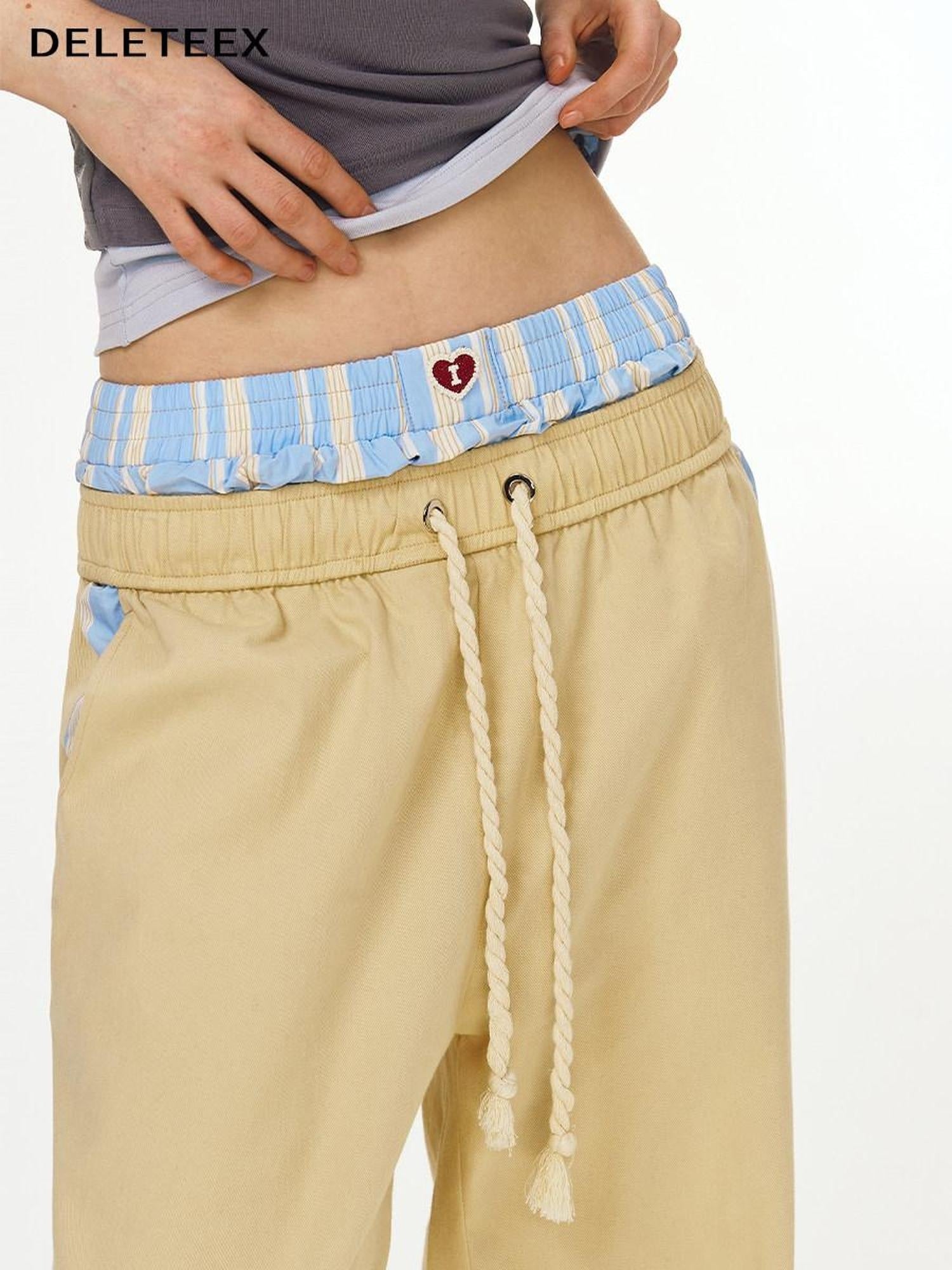 DeleteEx Pure Cotton Minimal Loose Street Natural Waist Light Khaki Cargo Pants