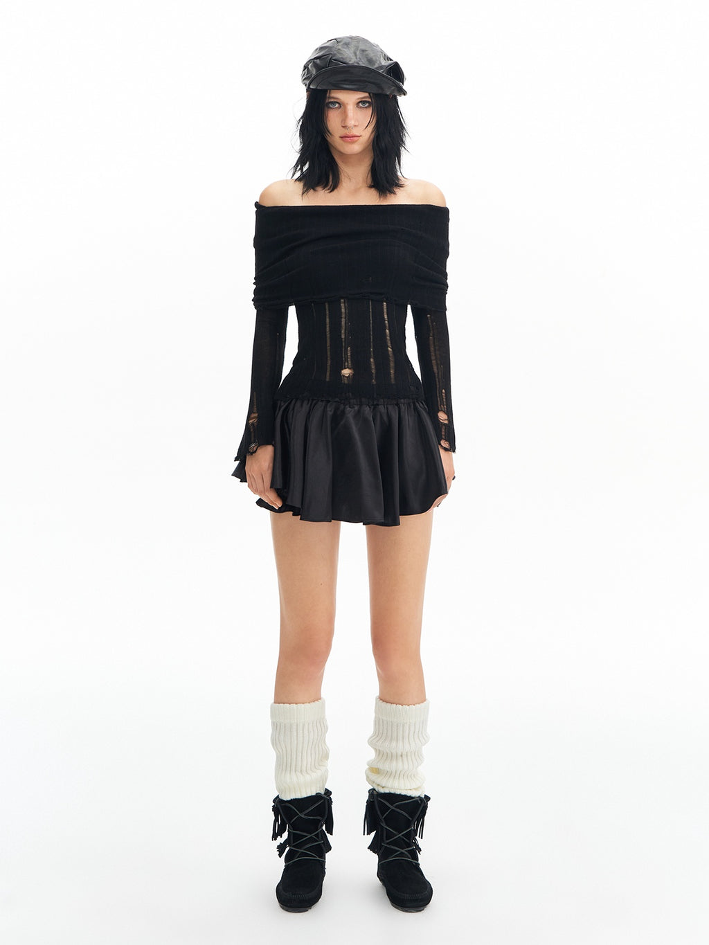 DeleteEx Sexy Ripped Fringe Off Shoulder Cropped Black Wool Pullover Women Knit Sweaters