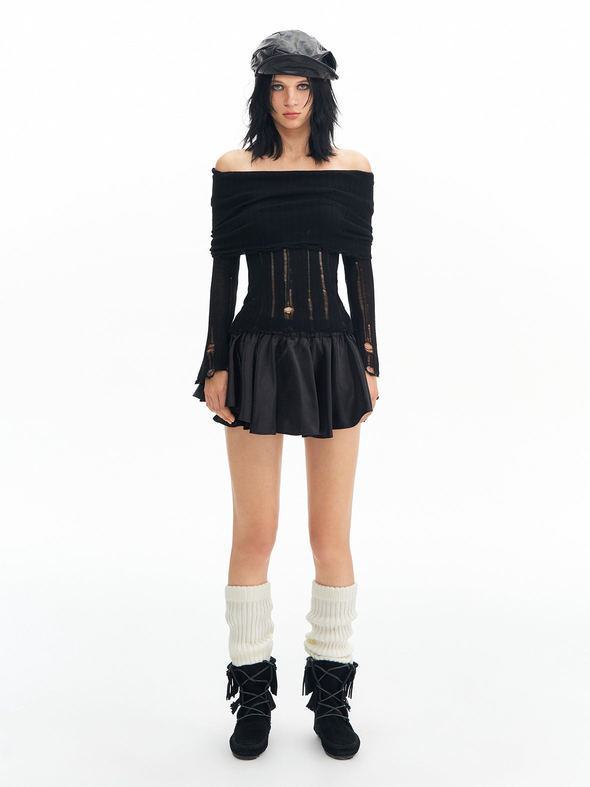 DeleteEx Sexy Ripped Fringe Off Shoulder Cropped Black Wool Pullover Women Knit Sweaters