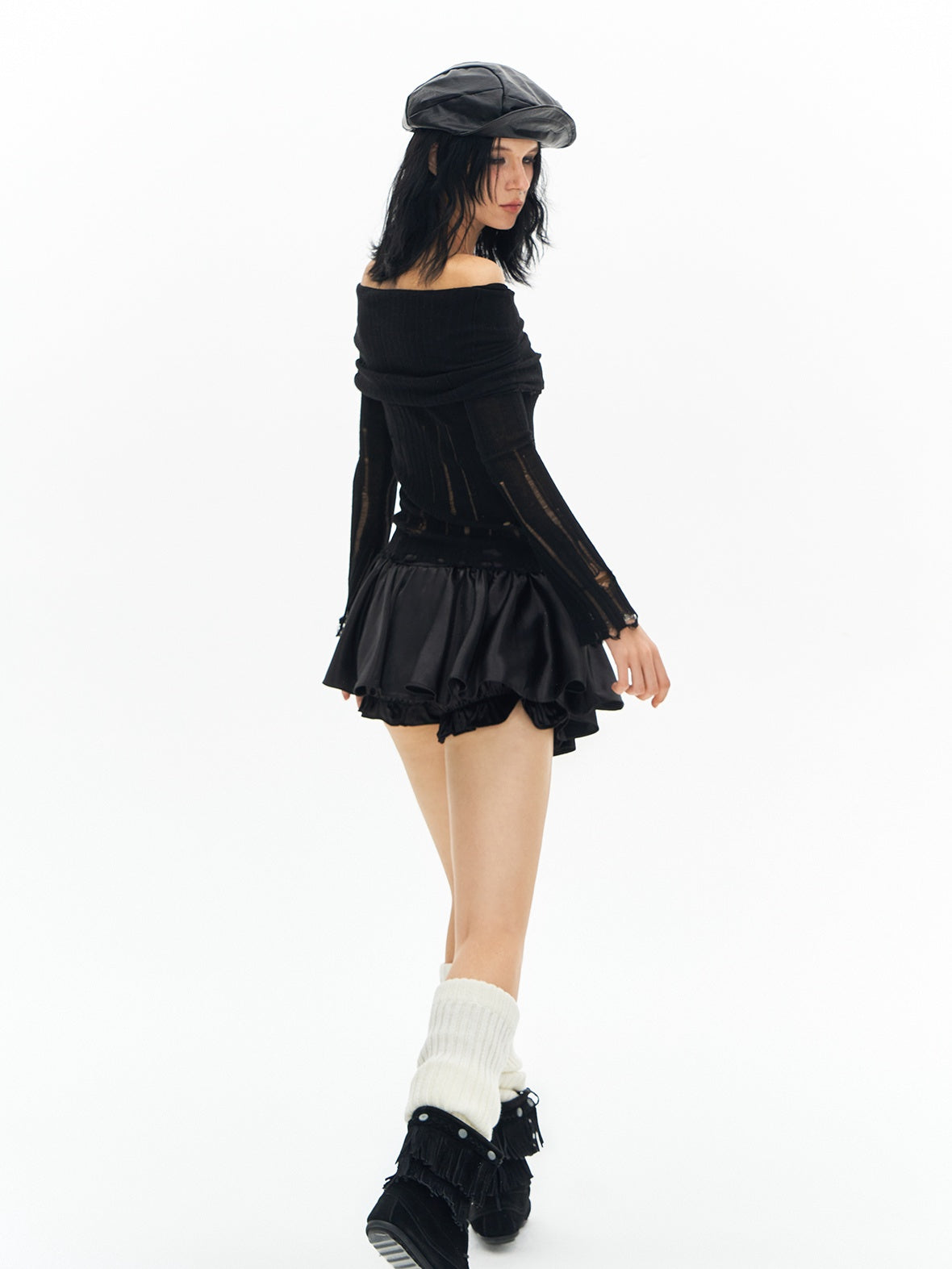 DeleteEx Sexy Ripped Fringe Off Shoulder Cropped Black Wool Pullover Women Knit Sweaters