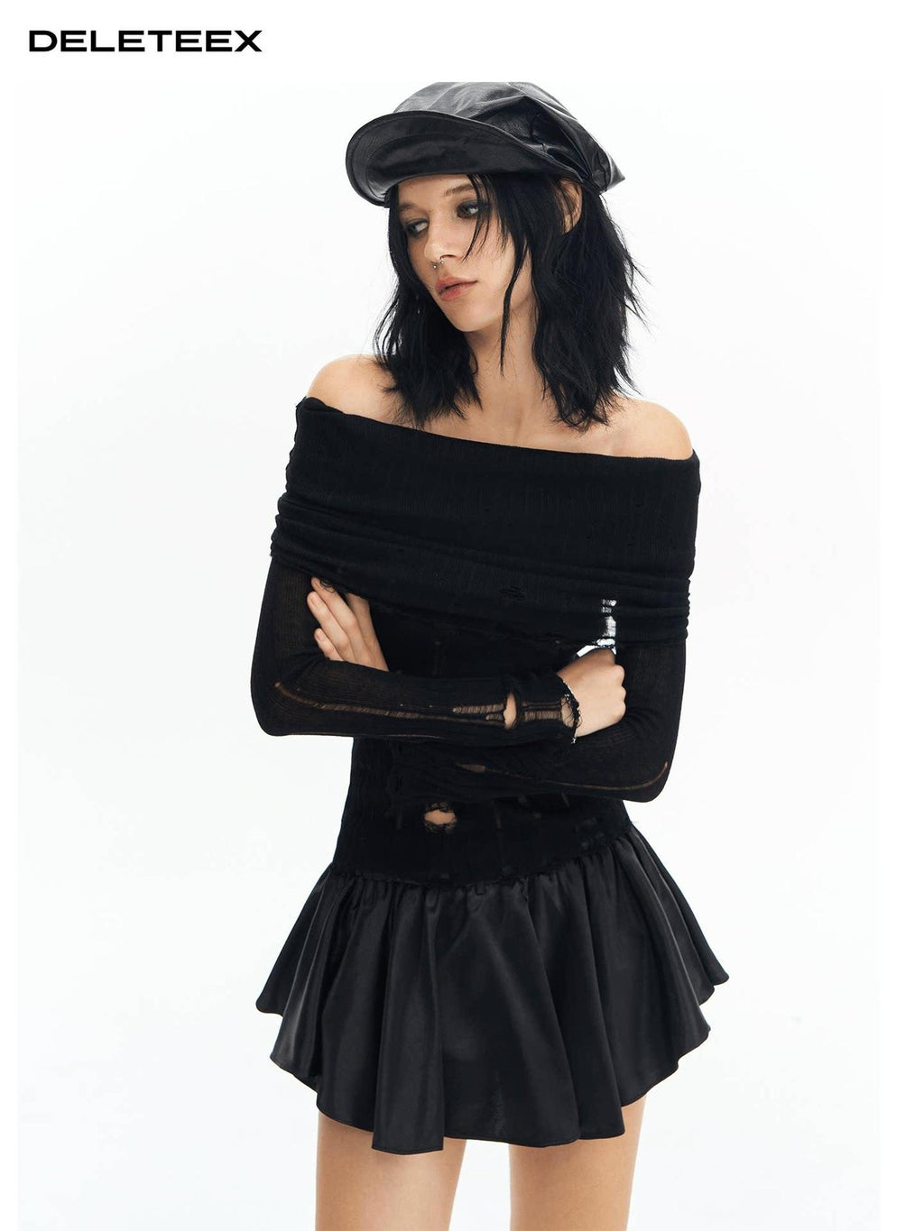 DeleteEx Sexy Ripped Fringe Off Shoulder Cropped Black Wool Pullover Women Knit Sweaters